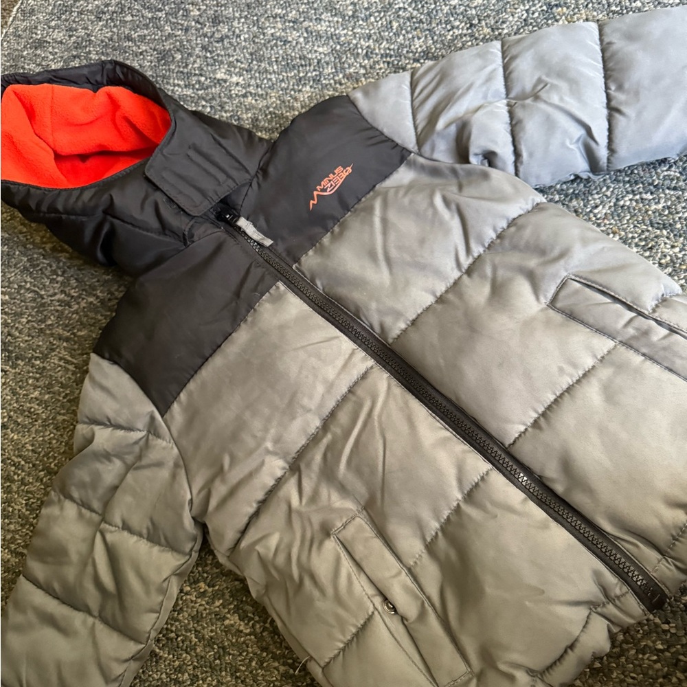 Kids' Gray & Black Puffer Jacket with Orange Lining